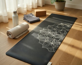 Black Mandala Yoga Mat | Minimalist Suede Non-Slip Natural Rubber
