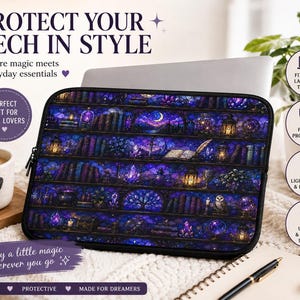 Fantasy Bookshelf Laptop Sleeve | Moonlit Library Tech Case, Book Lover Accessory