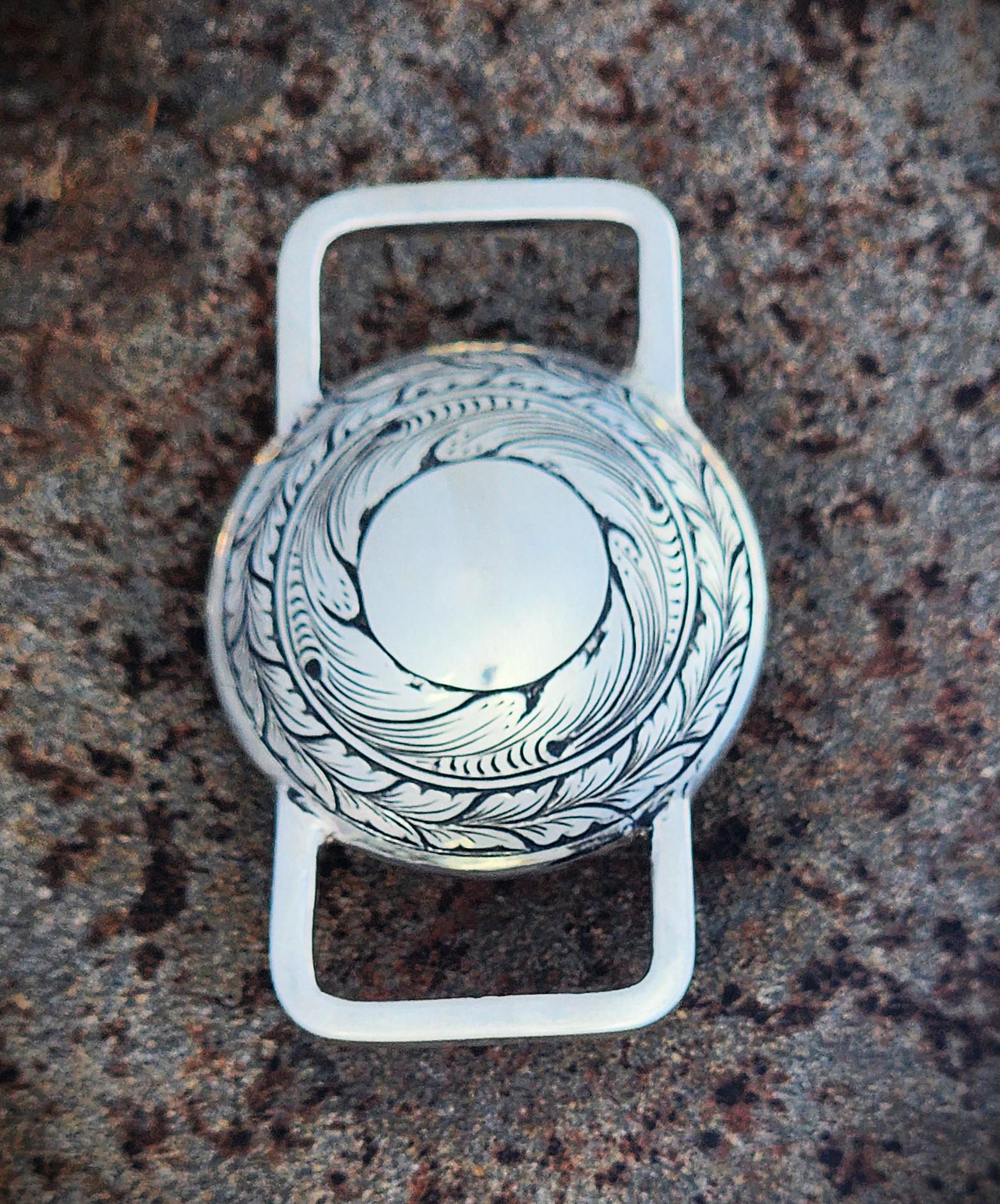 NEW VINTAGE AZTEC CONCHO Engrave Design Boho Hippie Sz S/L Sliver-Black Color PD Concho Hand Engraved Sterling Silver: Western Saddle Rosette  main image 2