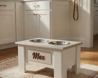 Custom Personalized Elevated Dog Bowl Feeder  – Large with 7 Cup Stainless Steel Bowls - Laser Engraved with storage cubby.