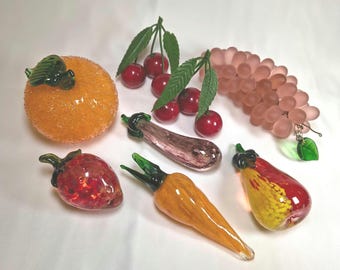 Vintage Europese handgeblazen glas groenten en fruit set – 8-delige collectie – zeldzame gesuikerde sinaasappel, gematteerde druiven, kersen