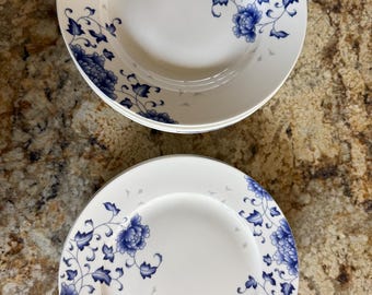 Vintage Koransha Japanese Porcelain Set - 6 Bowls & 4 Small Plates - Blue Floral Bone China - Rare Red Orchid Stamp