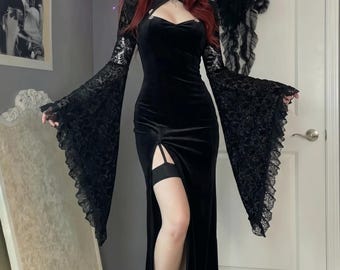 Gothic Lace Shawl Women Black Bell Sleeve Wrap Wedding Gift for Her