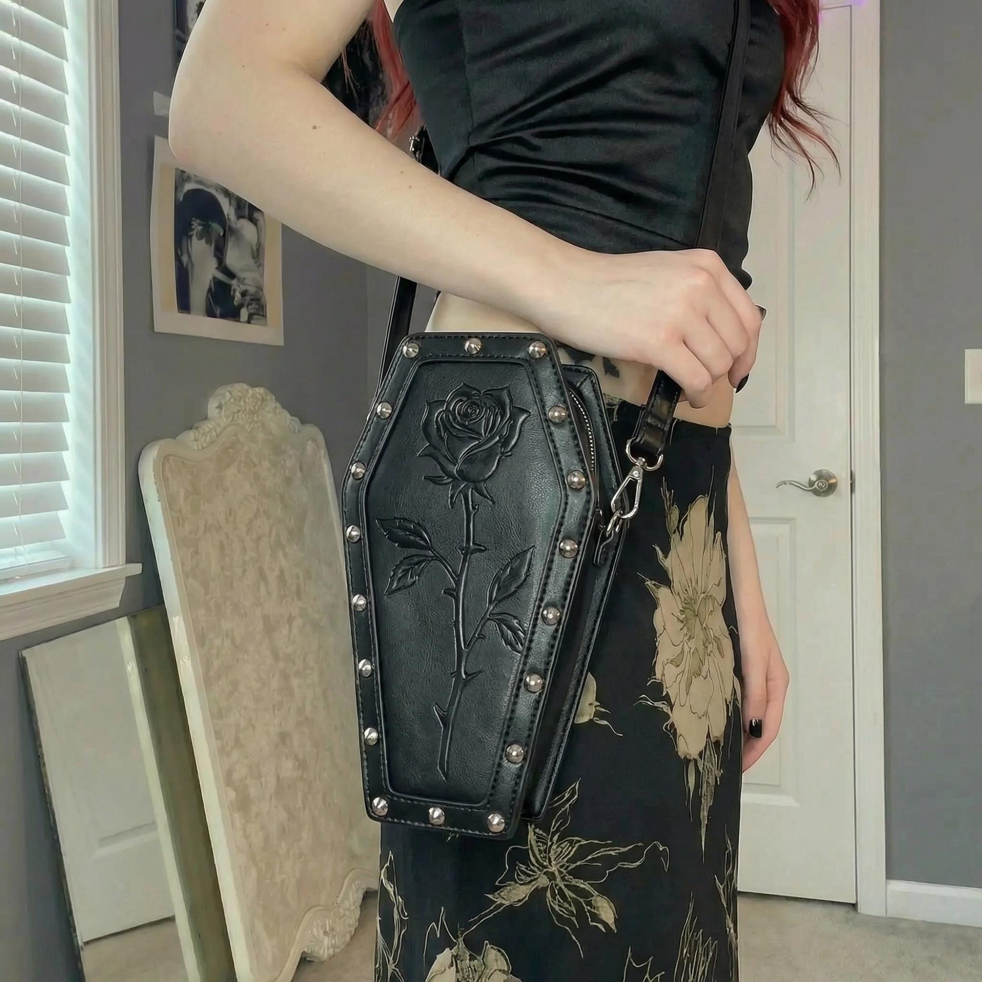 Rose Studded Coffin Widow Convertible Backpack Crossbody Bag Vegan Patent NEW Heartless Web Weaver Spiderweb Gothic Coffin Backpack | Ro Rox main image 2