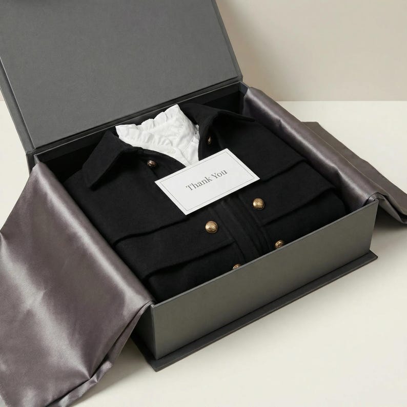 K&ouml;nnte beinhalten: Eine schwarze Jacke mit goldenen Kn&ouml;pfen und ein wei&szlig;es Hemd mit Kragen werden in einer grauen Geschenkbox pr&auml;sentiert. Die Jacke ist ordentlich gefaltet, und eine kleine Karte mit "Thank You" liegt obenauf. Die Box ist mit grauem Satin ausgekleidet.