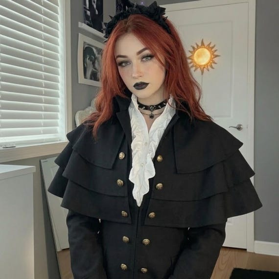 Gothic Vampire Costume Gift | Victorian Cape Outfit | Dracula Cosplay Coat Halloween | Ruffled Collar Jacket Idea for Renaissance Faire