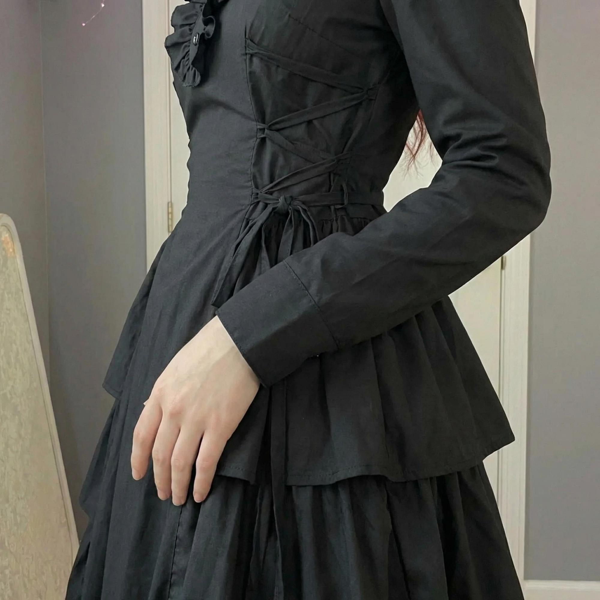 Gothic Victorian Ball Gown Women Long Sleeve Black Maxi Dress Tiered ...
