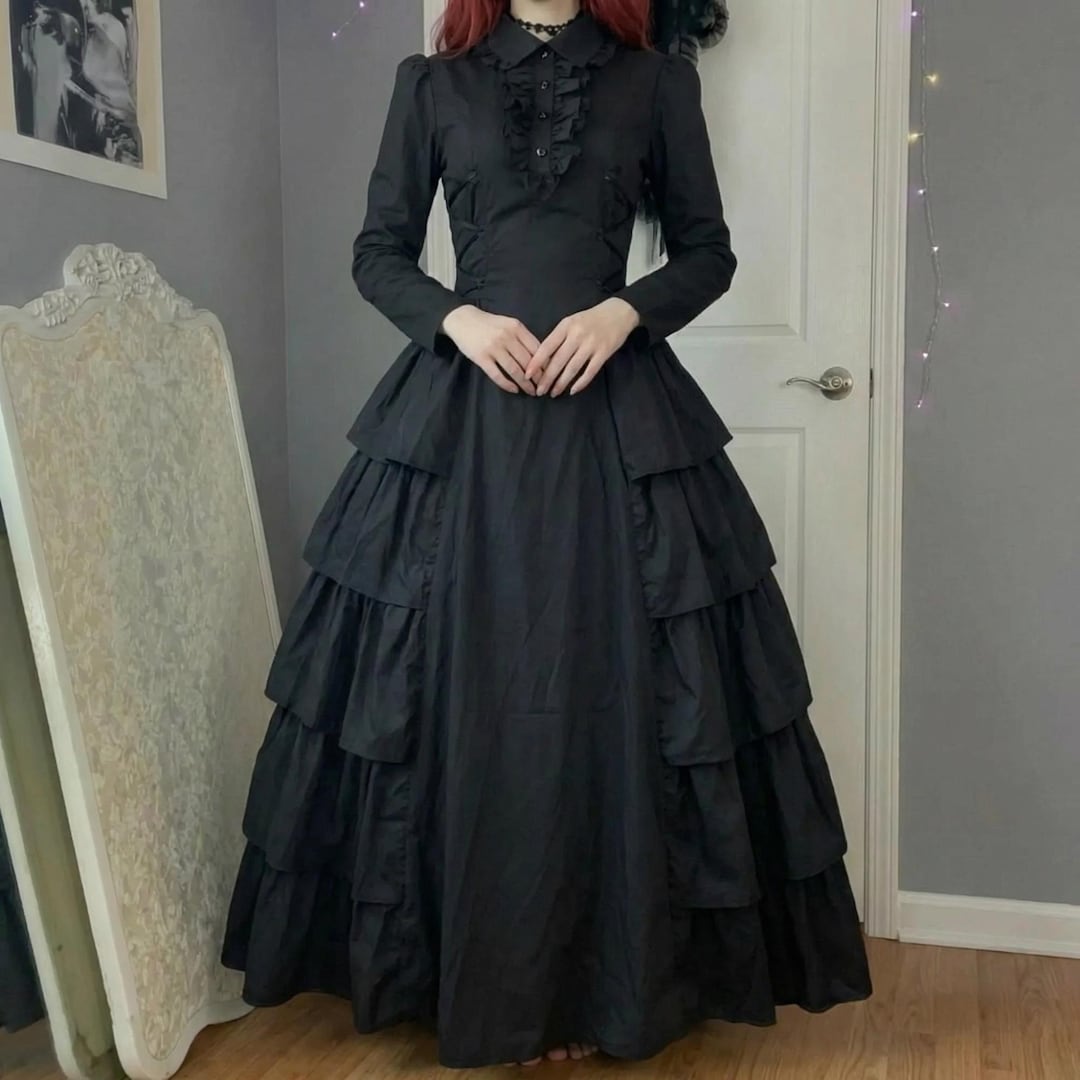Gothic Victorian Ball Gown Women Long Sleeve Black Maxi Dress Tiered ...