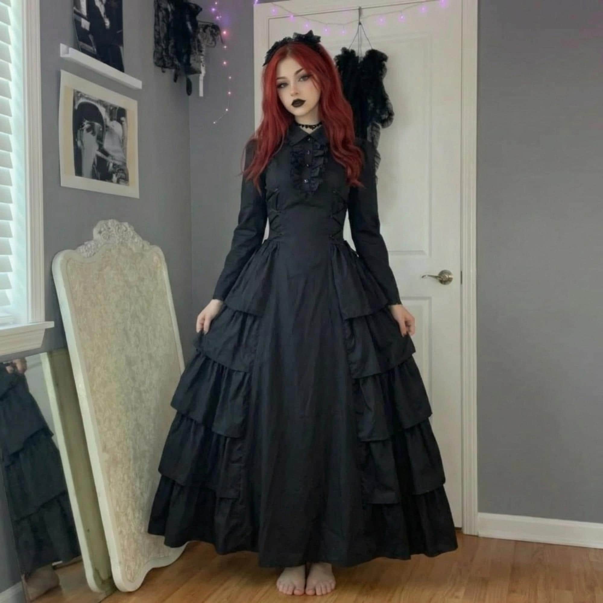 Gothic Victorian Ball Gown Women Long Sleeve Black Maxi Dress Tiered ...