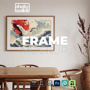 PSD Frame Mockup | Oak Wood | Japandi Dining Room | 2:3 Landscape | Wishbone Chairs Art Print