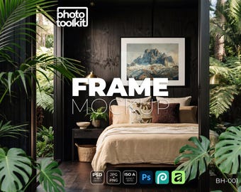 PSD-Rahmen-Mockup | Schwarzer Rahmen | Modernes Wohnzimmer mit Monstera | Botanisches Interieurdesign | DIN-A