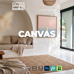 May include: A square canvas mockup featuring a minimalist sailboat illustration in soft pink and blue tones, displayed in a wooden frame on a white wall within a bright room containing a beige sofa, a woven rug, and a view of a swimming pool.
