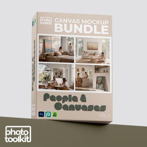 Könnte beinhalten: Eine beige Box mit dem Text "CANVAS MOCKUP BUNDLE" und "People & Canvases VOL. 1". Die Box zeigt vier Innenraum-Szenen-Mockups mit Personen und Kunstwerken. Das Photo Toolkit-Logo befindet sich unten.
