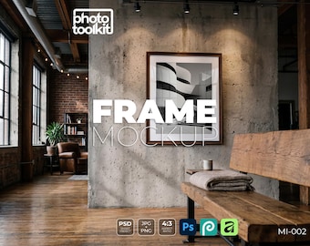 PSD-Rahmen-Mockup | Dunkles Walnussholz | Industrielles Loft mit Betonsäule | 4:3 Hochformat | Vorlage für Kunstdrucke