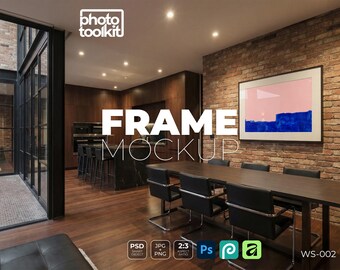 Mockup di cornice industriale / Cornice per foto da cucina con mattoni a vista PSD / Scena della sala da pranzo / Mockup di oggetto intelligente / Download immediato