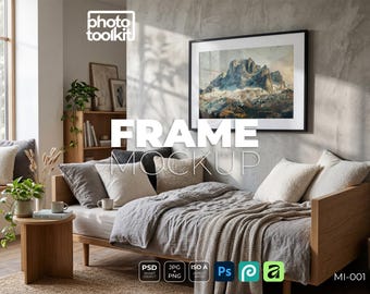PSD-Rahmen-Mockup | Schwarz | Wohnzimmer mit Betonwand | ISO-A-Landschaft | Minimalistischer Industriedruck | DIN-A