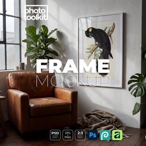 May include: A framed artwork featuring a black bird on a branch, displayed in a room with a leather armchair, plants, and a window. The image includes the text "FRAME MOCKUP" and the "photo toolkit" logo.