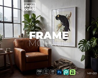 Mockup di cornice PSD – Ritratto di una stanza suggestiva / Sedia in pelle e piante / Oggetto avanzato / Photoshop / Download immediato