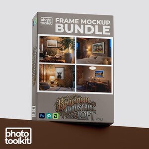 Pode incluir: Uma caixa retangular cinza rotulada como Frame Mockup Bundle Bohemian Industrial Loft Vol 1. A caixa apresenta quatro cenas de interiores exibindo arte de parede emoldurada, com pequenos ícones para Photoshop e outros softwares na parte inferior.