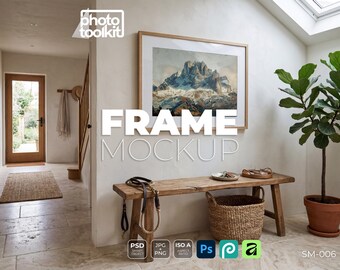 PSD-Rahmen-Mockup | Eichenholz | Rustikale Flurwand | ISO-A-Landschaft | Minimalistischer Kunstdruck mit Tiefgang | DIN-A