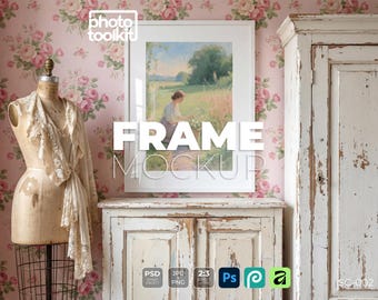 Mockup di cornice Shabby Chic Atelier / Cornice per foto con carta da parati rosa PSD / Scena di manichino vintage / Mockup di oggetto intelligente / Download istantaneo