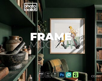 PSD-Rahmen-Mockup | Quadratisches Eichenholz | Bibliotheksgrün | 1:1 | Farbintensiver Kunstdruck