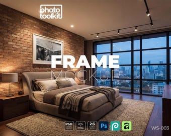 Mockup di cornice industriale / Cornice per foto in mattoni per camera da letto PSD / Scena con vista sulla città / Mockup di oggetto intelligente / Download immediato