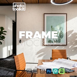 Walnut Portrait Frame Mockup | Stone Wall Meeting Room | Modern Office Interior