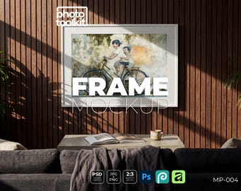 Mockup di cornice PSD – Parete in doghe di legno per soggiorno / Paesaggio / Interni contemporanei / Oggetto intelligente / Photoshop / Download immediato