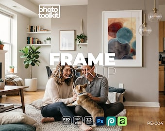 Frame Mockup PSD | White Frame in Bright Living Room | Couple with Puppy | Modern Home | Art Print Mockup