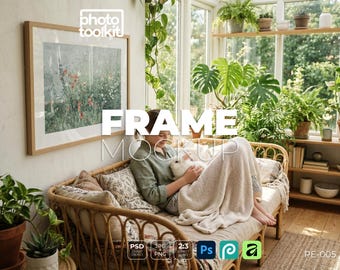 Frame Mockup PSD | Oak Frame in Boho Sunroom | Woman with Rabbit | Plant Room Interior | Art Print Mockup