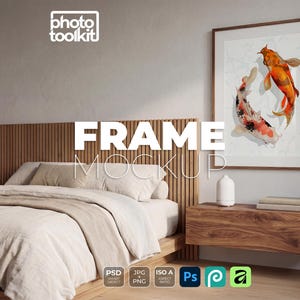 Frame Mockup PSD | Walnut Frame in Japandi Bedroom | ISO-A Portrait | Timber Slat Wall | Platform Bed | Art Print Mockup