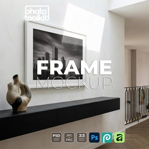 Minimalist Frame Mockup, Hallway Floating Shelf Decor, 2:3 Ratio Landscape Frame, Modern Architectural Mockup, Black Console, PSD Mockup