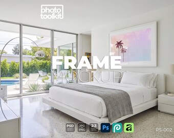 Mockup di cornice di metà secolo / PSD di cornice per foto da camera da letto / Scena con vista sulla piscina / Mockup di oggetto intelligente / Download immediato