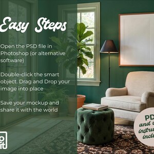 May include: A mockup scene with a green tufted ottoman, beige armchair, and a framed blank print against a dark green wall. The image includes text: "3 Easy Steps" and "photo toolkit". PDF and video instructions are included.
