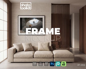 Mockup di cornice per soggiorno Japandi / Cornice per foto di divano minimale PSD / Scena con listelli di legno / Mockup di oggetto intelligente / Download immediato