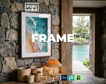PSD-Rahmen-Mockup | Walnussrahmen an Vulkansteinwand | 2:3-Hochformat | Tropische Lagune | Treibholzbalken-Kunst-Mockup