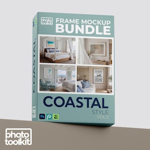 Pode incluir: Uma caixa azul-turquesa com o texto "FRAME MOCKUP BUNDLE" e "COASTAL STYLE VOL 3." A caixa exibe quatro cenas de design de interiores com temas costeiros. O logotipo Photo Toolkit é visível na parte inferior.
