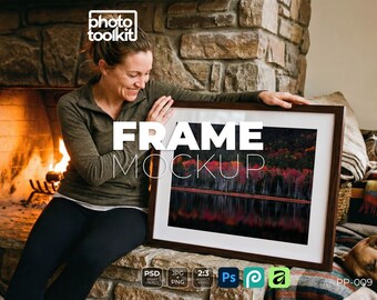 Frame Mockup PSD | Woman Holding Dark Wood Frame by Fireplace | Cosy Home | Rustic Interior | Photography Mockup
