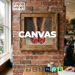 May include: A framed canvas mockup with the word CANVAS in large white letters. The image on the canvas shows a pair of feet wearing red shoes. The frame is made of light brown wood, and the background is a brick wall.