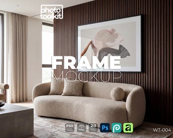 Contemporary Frame Mockup | Wood Slat Living Room Photo Frame PSD | Modern Sofa Scene | Smart Object Mockup | Instant Download