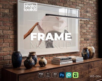 Mockup di cornice industriale / Cornice per foto con console in mattoni PSD / Scena credenza in stile / Mockup di oggetto intelligente / Download immediato
