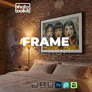 May include: A rectangular black picture frame hanging on a rustic red brick wall above a bed. The frame contains an illustration of three people with wide eyes and hands near their faces. The text "FRAME MOCKUP" is overlaid in white in the center.