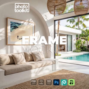 May include: A framed beach scene hangs above a beige sofa with pillows. The room has a modern design with a pool visible through sliding glass doors. The image includes the text "FRAME MOCKUP" and icons for PSD, JPG, PNG, and other design software.