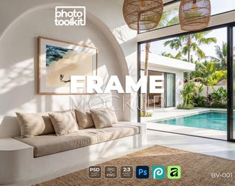 Balinese Villa Living Frame Mockup | Pool View Photo Frame PSD | Tropical Scene | Smart Object Mockup | Instant Download