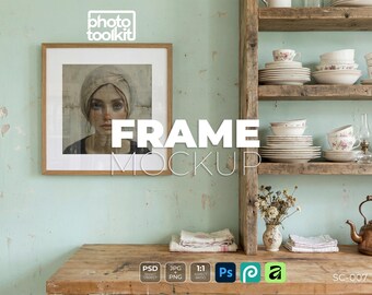 PSD-Rahmen-Mockup | Quadratisches Eichenholz | Küchenwand im Shabby-Chic-Stil, Salbeigrün | 1:1 | Vorlage für Vintage-Kunstdrucke
