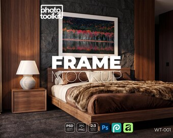 Mockup di cornice contemporanea / Cornice per foto da camera da letto con parete in pietra scura PSD / Scena con mobili in legno / Mockup di oggetto intelligente / Download immediato