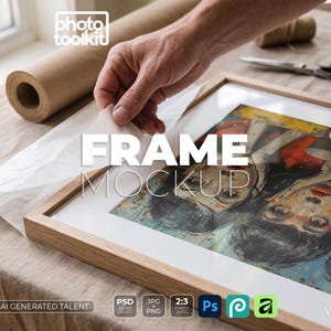 Frame Mockup PSD | Hands Unwrapping Oak Frame | Tissue Paper Close-up | 2:3 Landscape | Kraft Paper | Art Print Mockup