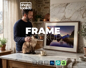 Frame Mockup PSD | Walnut Frame in Stone Cottage Kitchen | Man with Cat | Marble Interior | Art Print Mockup