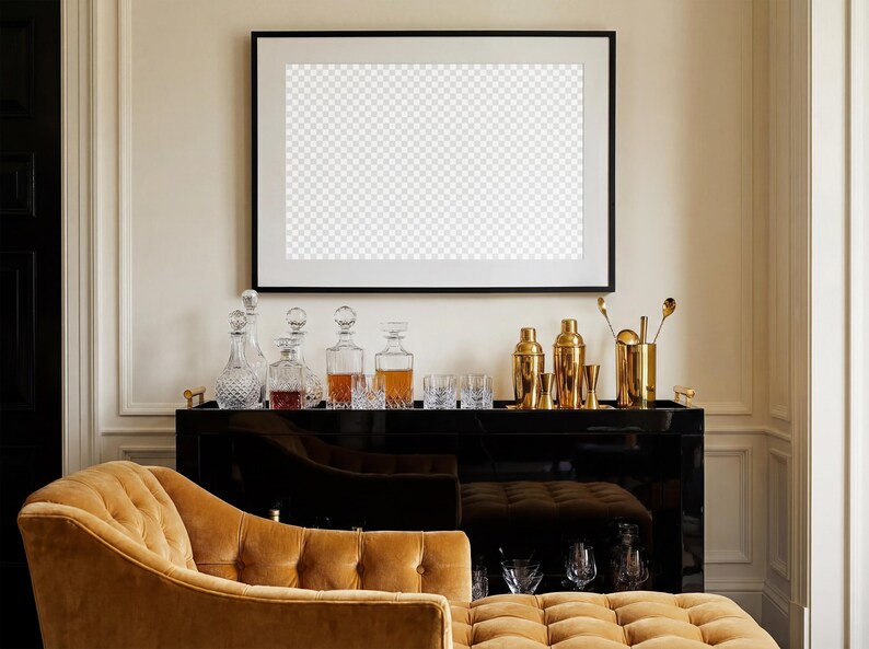 May include: A black bar cart with gold bar tools, cocktail shakers, and crystal decanters. A gold tufted chaise lounge is in the foreground. A large framed picture hangs on the wall.